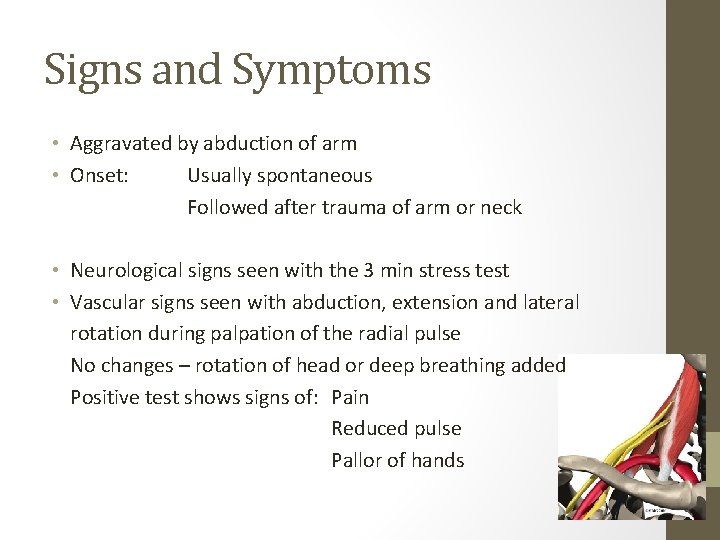 Signs and Symptoms • Aggravated by abduction of arm • Onset: Usually spontaneous Followed