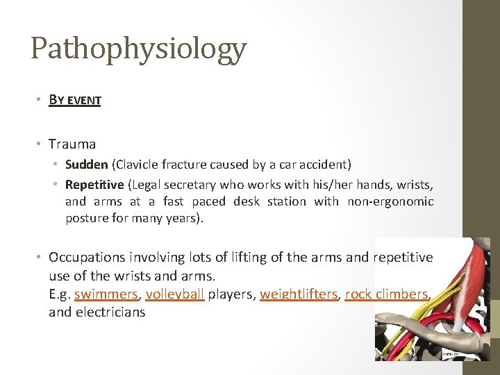 Pathophysiology • BY EVENT • Trauma • Sudden (Clavicle fracture caused by a car