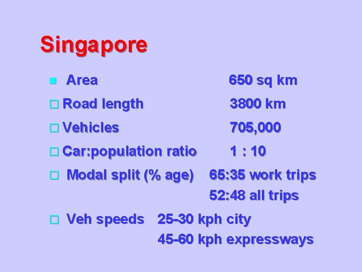 Singapore n Area 650 sq km o Road length 3800 km o Vehicles 705,
