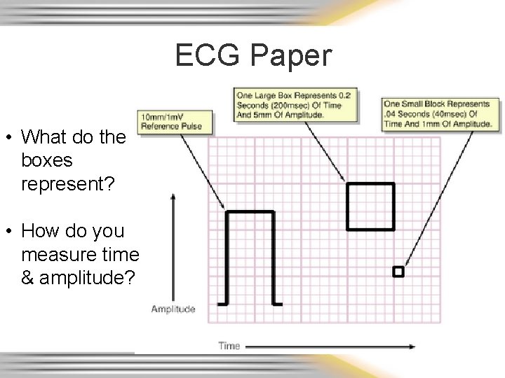 ECG Paper • What do the boxes represent? • How do you measure time ECG Paper • What do the boxes represent? • How do you measure time