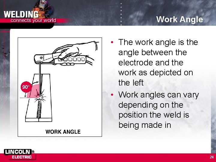 Work Angle 90° • The work angle is the angle between the electrode and
