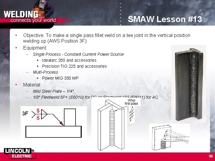 SMAW Lesson #13 • • Objective: To make a single pass fillet weld on