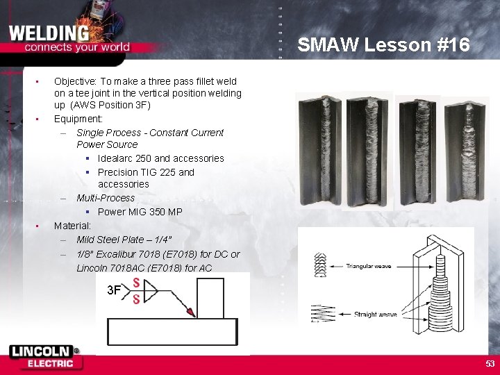 SMAW Lesson #16 • • • Objective: To make a three pass fillet weld SMAW Lesson #16 • • • Objective: To make a three pass fillet weld