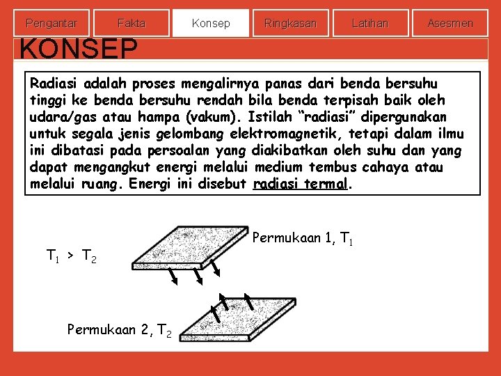 Pengantar Fakta Konsep Ringkasan Latihan Asesmen KONSEP Radiasi adalah proses mengalirnya panas dari benda