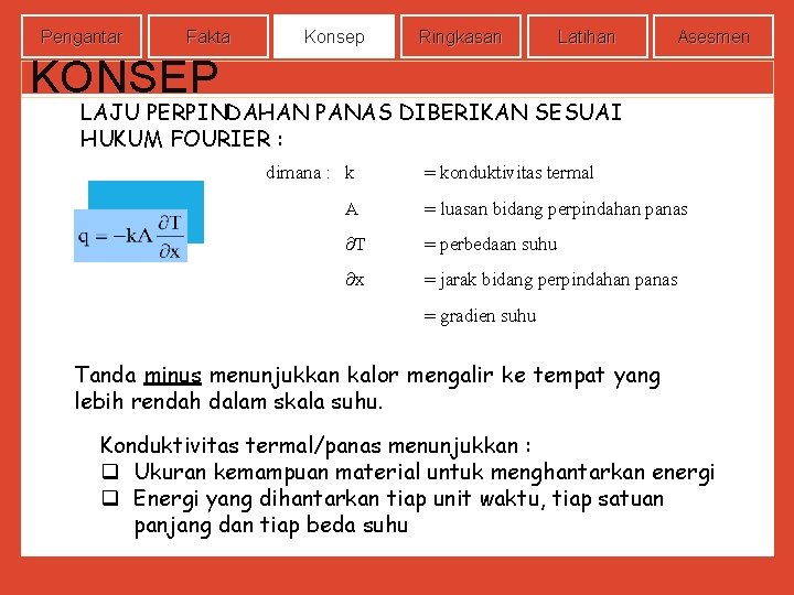 Pengantar Fakta Konsep Ringkasan Latihan Asesmen KONSEP LAJU PERPINDAHAN PANAS DIBERIKAN SESUAI HUKUM FOURIER