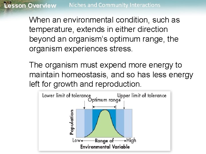 Lesson Overview Niches and Community Interactions When an environmental condition, such as temperature, extends