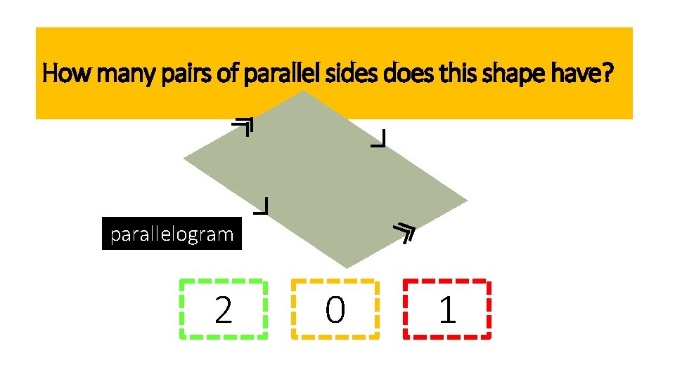 How many pairs of parallel sides does this shape have? parallelogram 2 0 1