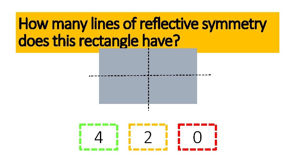 How many lines of reflective symmetry does this rectangle have? 4 2 0 