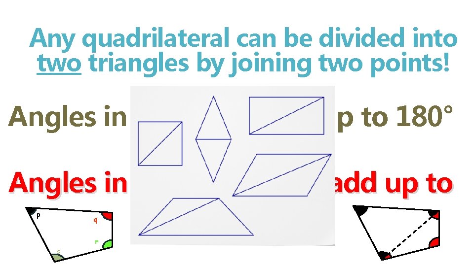Any quadrilateral can be divided into two triangles by joining two points! Angles in