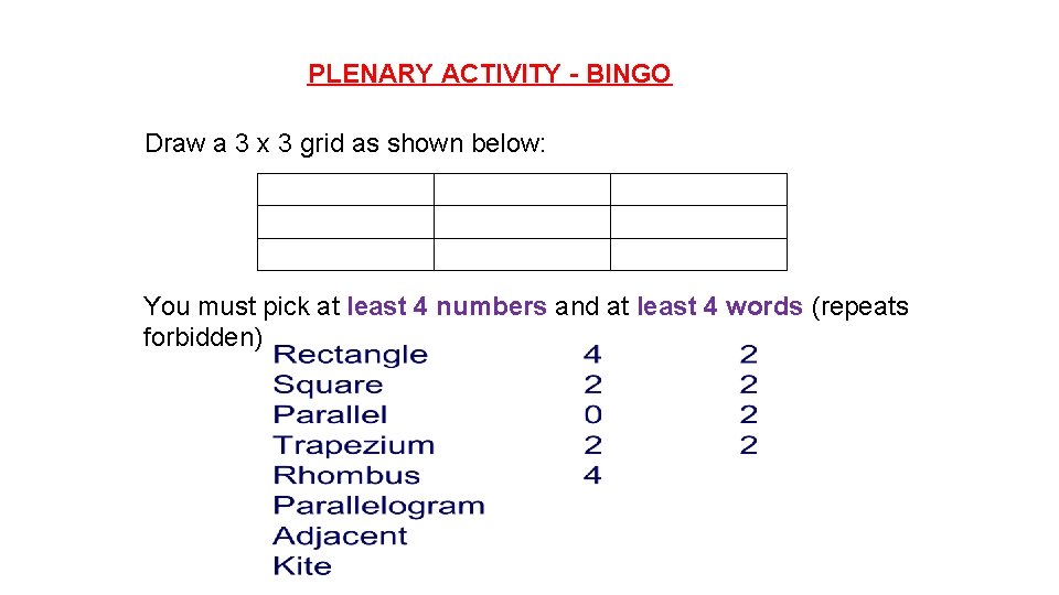 PLENARY ACTIVITY - BINGO Draw a 3 x 3 grid as shown below: You