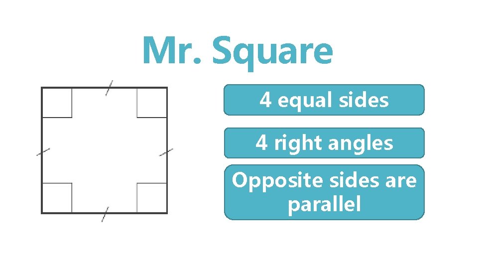 Mr. Square 4 equal sides 4 right angles Opposite sides are parallel 