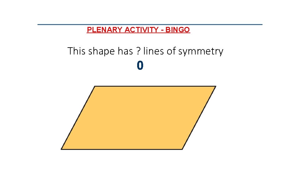 PLENARY ACTIVITY - BINGO This shape has ? lines of symmetry 0 