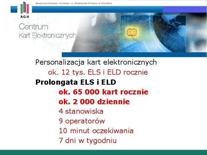 Centrum Kart Elektronicznych AGH Personalizacja kart elektronicznych ok. 12 tys. ELS i ELD rocznie