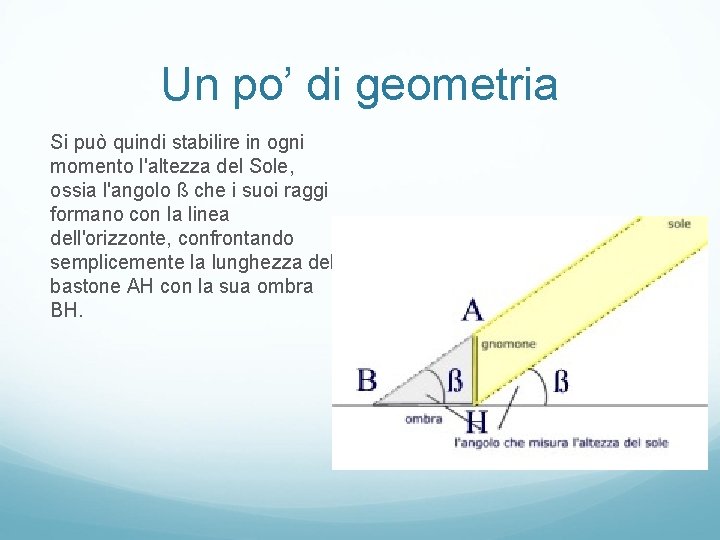 Un po’ di geometria Si può quindi stabilire in ogni momento l'altezza del Sole, Un po’ di geometria Si può quindi stabilire in ogni momento l'altezza del Sole,