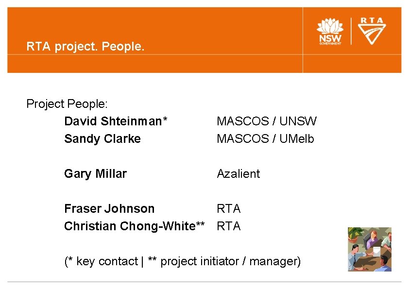RTA project. People. Project People: David Shteinman* Sandy Clarke Gary Millar MASCOS / UNSW RTA project. People. Project People: David Shteinman* Sandy Clarke Gary Millar MASCOS / UNSW