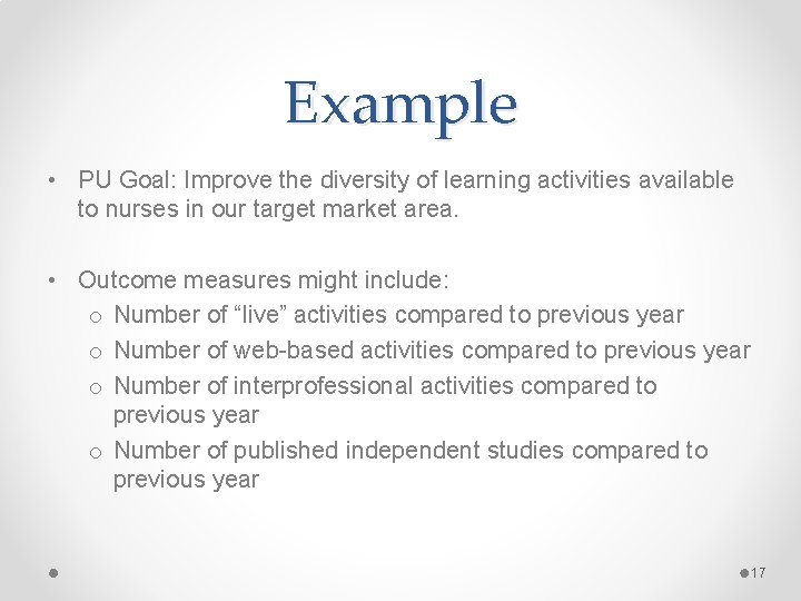 Example • PU Goal: Improve the diversity of learning activities available to nurses in Example • PU Goal: Improve the diversity of learning activities available to nurses in