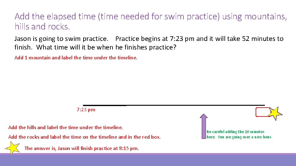 Add the elapsed time (time needed for swim practice) using mountains, hills and rocks.