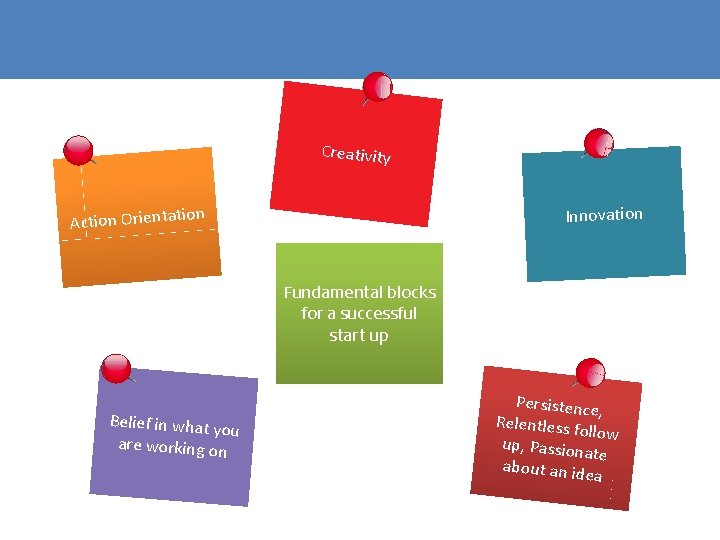 Creativity Innovation on Action Orientati Fundamental blocks for a successful start up Belief in Creativity Innovation on Action Orientati Fundamental blocks for a successful start up Belief in