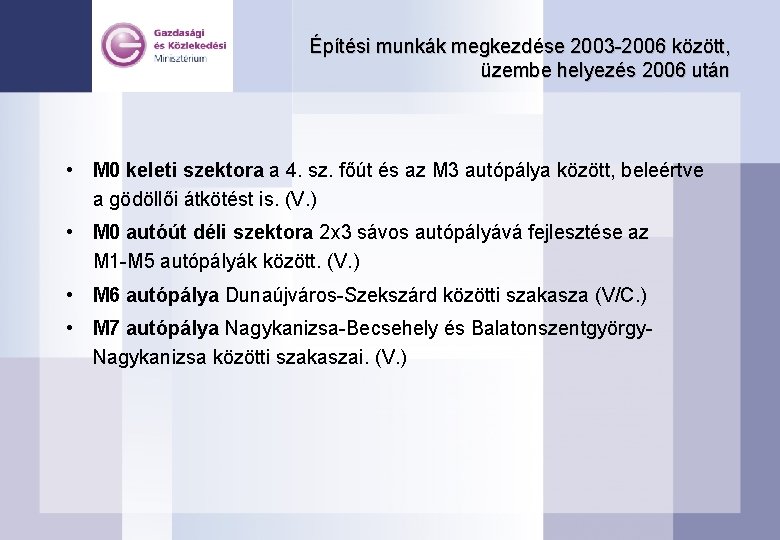 Építési munkák megkezdése 2003 -2006 között, üzembe helyezés 2006 után • M 0 keleti