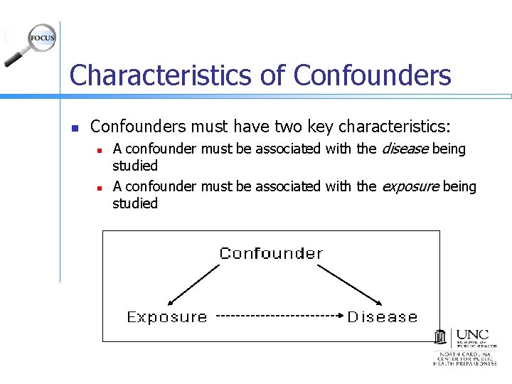 Characteristics of Confounders n Confounders must have two key characteristics: n n A confounder