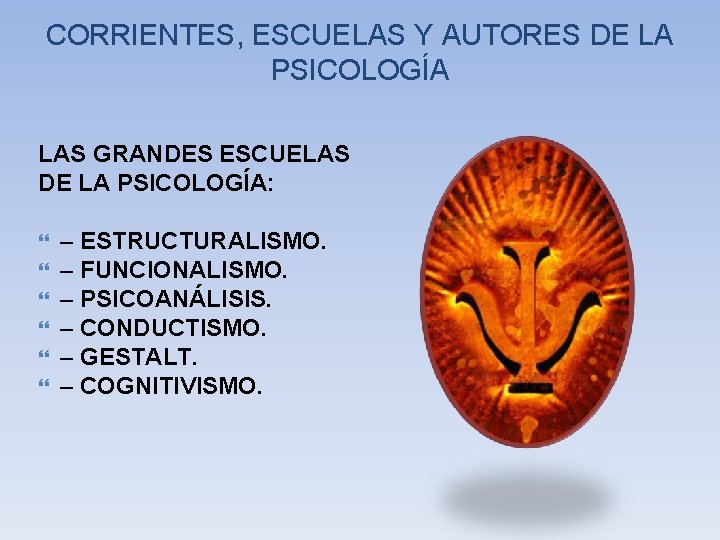 CORRIENTES, ESCUELAS Y AUTORES DE LA PSICOLOGÍA LAS GRANDES ESCUELAS DE LA PSICOLOGÍA: –