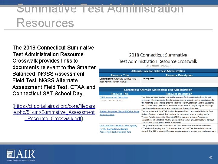 Summative Test Administration Resources The 2018 Connecticut Summative Test Administration Resource Crosswalk provides links