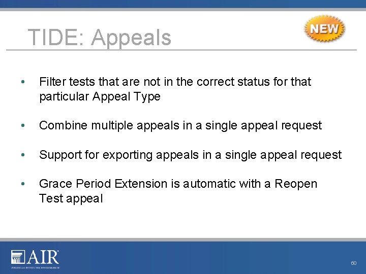 TIDE: Appeals • Filter tests that are not in the correct status for that