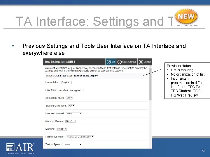 TA Interface: Settings and Tools • Previous Settings and Tools User Interface on TA