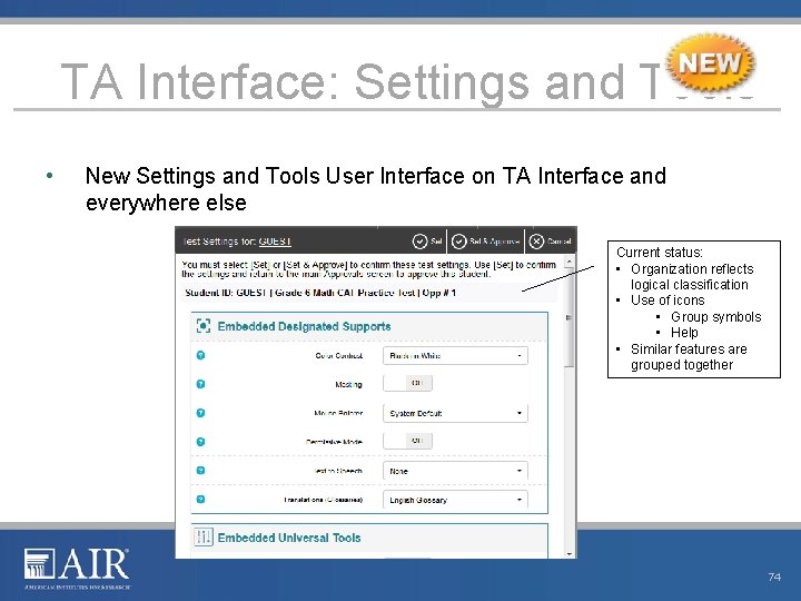 TA Interface: Settings and Tools • New Settings and Tools User Interface on TA