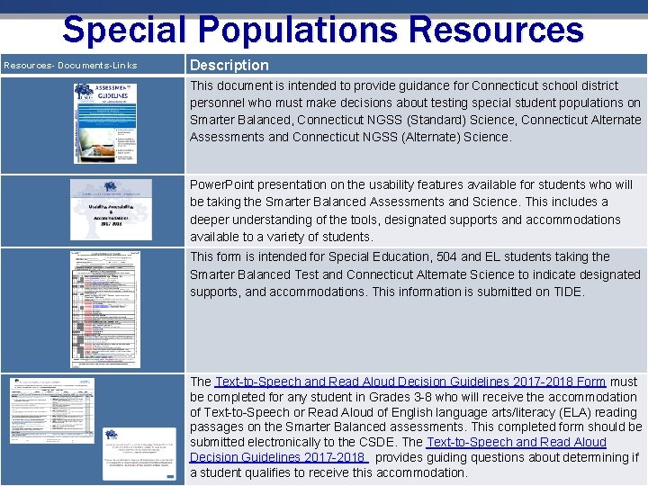 Special Populations Resources- Documents-Links Description This document is intended to provide guidance for Connecticut