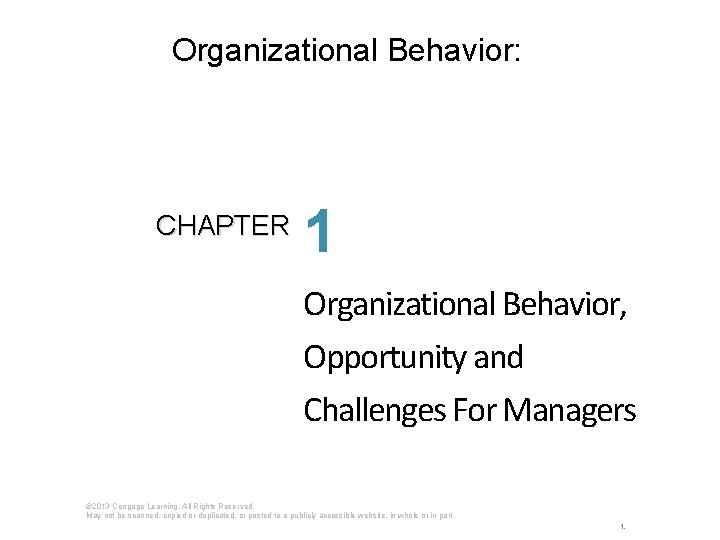 Organizational Behavior: CHAPTER 1 Organizational Behavior, Opportunity and Challenges For Managers © 2013 Cengage