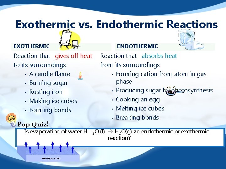 Exothermic vs. Endothermic Reactions EXOTHERMIC ENDOTHERMIC Reaction that gives off heat to its surroundings