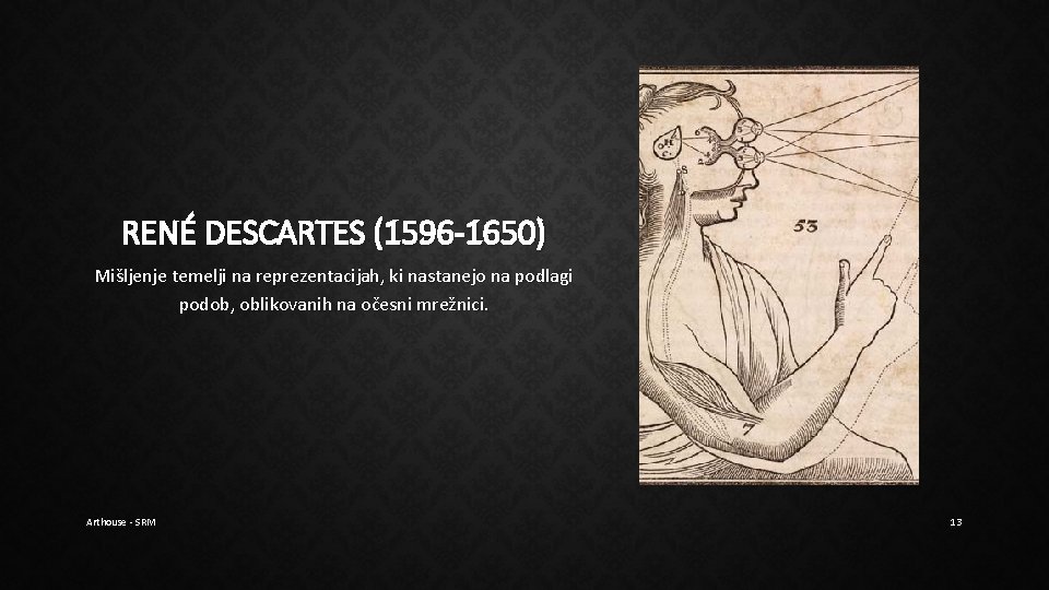 RENÉ DESCARTES (1596 -1650) Mišljenje temelji na reprezentacijah, ki nastanejo na podlagi podob, oblikovanih RENÉ DESCARTES (1596 -1650) Mišljenje temelji na reprezentacijah, ki nastanejo na podlagi podob, oblikovanih