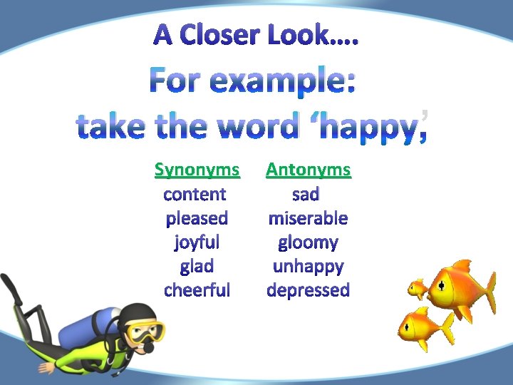 A Closer Look…. For example: take the word ‘happy’ Synonyms content pleased joyful glad