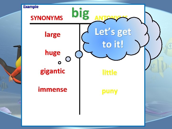 Example SYNONYMS large huge big ANTONYMS Let’s This isget what tiny it! itto should