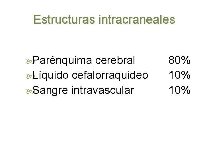 Estructuras intracraneales Parénquima cerebral Líquido cefalorraquideo Sangre intravascular 80% 10% 