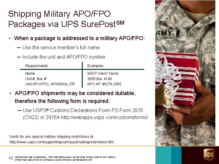 Shipping Military APO/FPO Packages via UPS Sure. Post. SM • When a package is