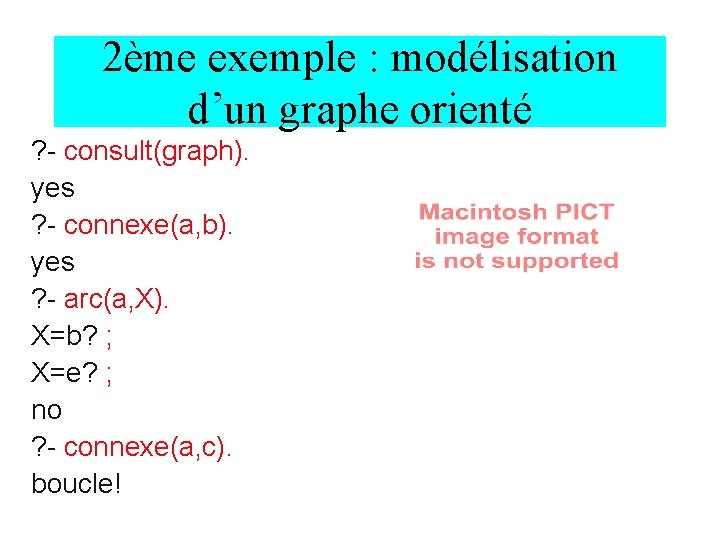 2ème exemple : modélisation d’un graphe orienté ? - consult(graph). yes ? - connexe(a,