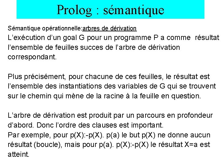 Prolog : sémantique Sémantique opérationnelle: arbres de dérivation L’exécution d’un goal G pour un