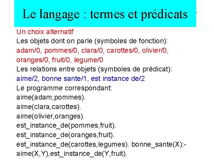 Le langage : termes et prédicats Un choix alternatif Les objets dont on parle