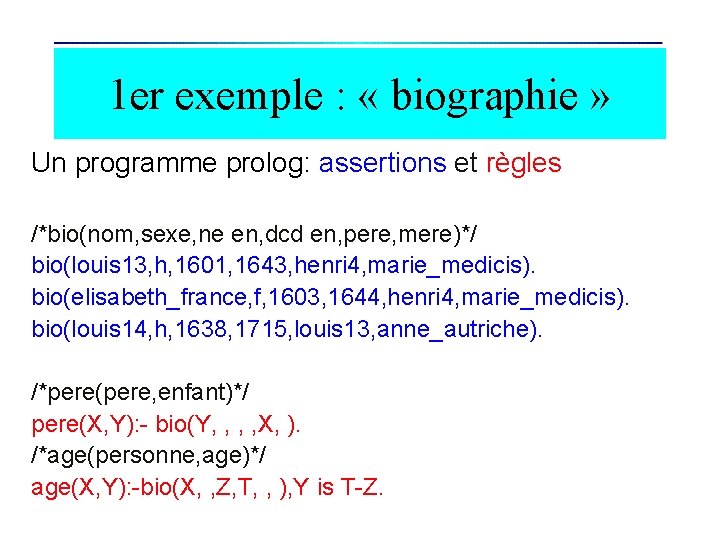 1 er exemple : « biographie » Un programme prolog: assertions et règles /*bio(nom,