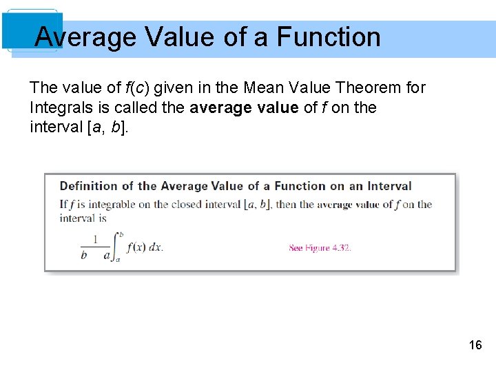 Average Value of a Function The value of f(c) given in the Mean Value