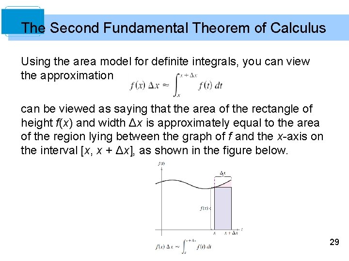 The Second Fundamental Theorem of Calculus Using the area model for definite integrals, you