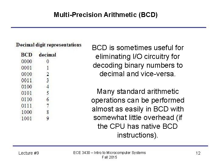 Multi-Precision Arithmetic (BCD) BCD is sometimes useful for eliminating I/O circuitry for decoding binary