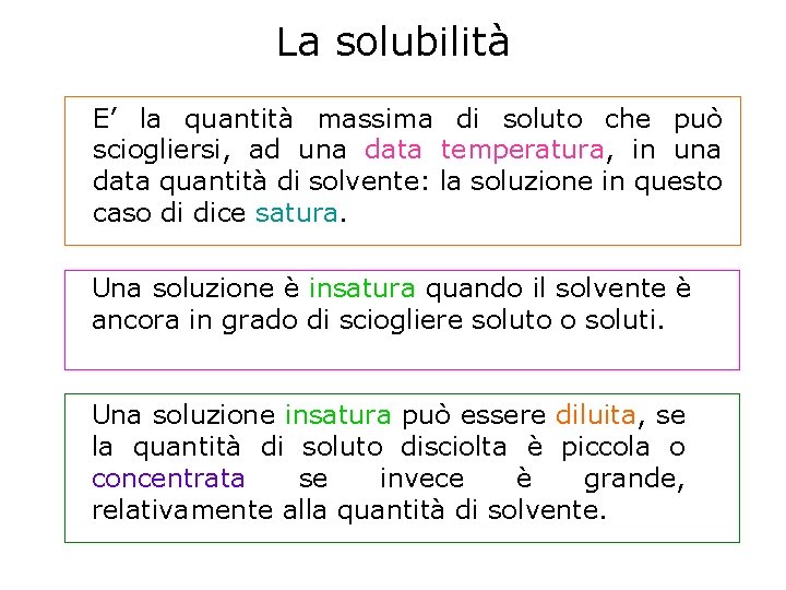 La solubilità E’ la quantità massima di soluto che può sciogliersi, ad una data