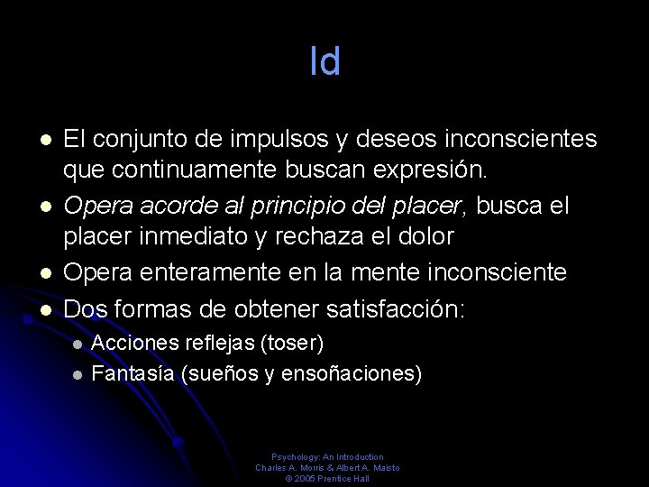 Id El conjunto de impulsos y deseos inconscientes que continuamente buscan expresión. Opera acorde Id El conjunto de impulsos y deseos inconscientes que continuamente buscan expresión. Opera acorde