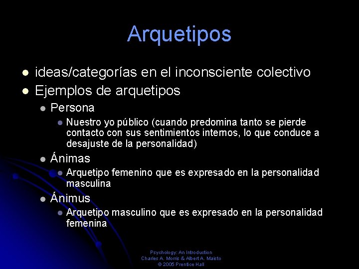 Arquetipos ideas/categorías en el inconsciente colectivo Ejemplos de arquetipos Persona Ánimas Nuestro yo público Arquetipos ideas/categorías en el inconsciente colectivo Ejemplos de arquetipos Persona Ánimas Nuestro yo público