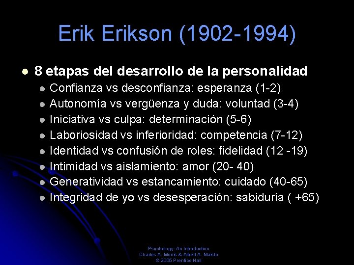 Erikson (1902 -1994) 8 etapas del desarrollo de la personalidad Confianza vs desconfianza: esperanza Erikson (1902 -1994) 8 etapas del desarrollo de la personalidad Confianza vs desconfianza: esperanza