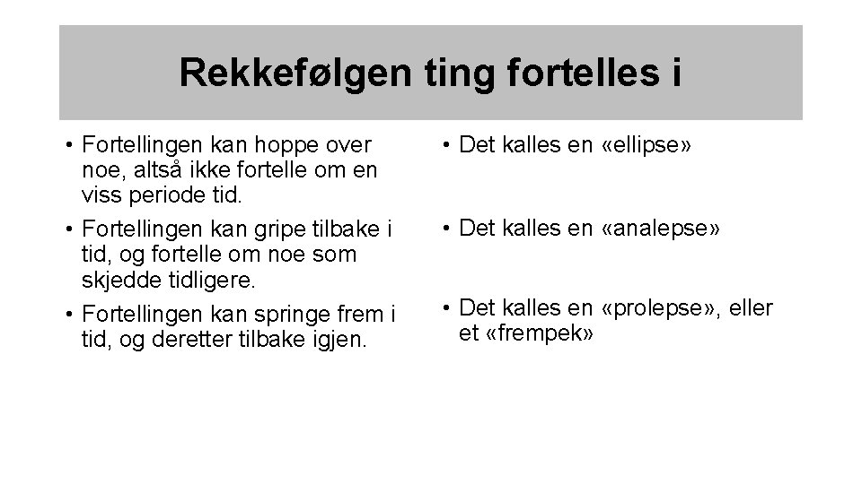 Rekkefølgen ting fortelles i • Fortellingen kan hoppe over noe, altså ikke fortelle om