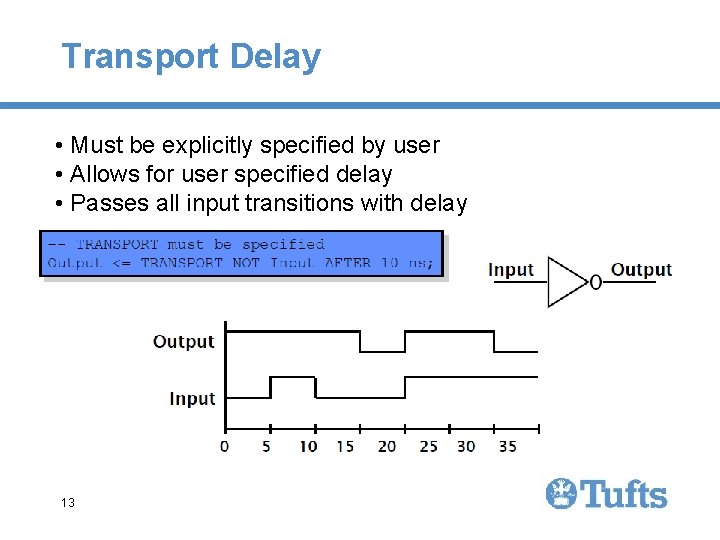 Transport Delay • Must be explicitly specified by user • Allows for user specified Transport Delay • Must be explicitly specified by user • Allows for user specified